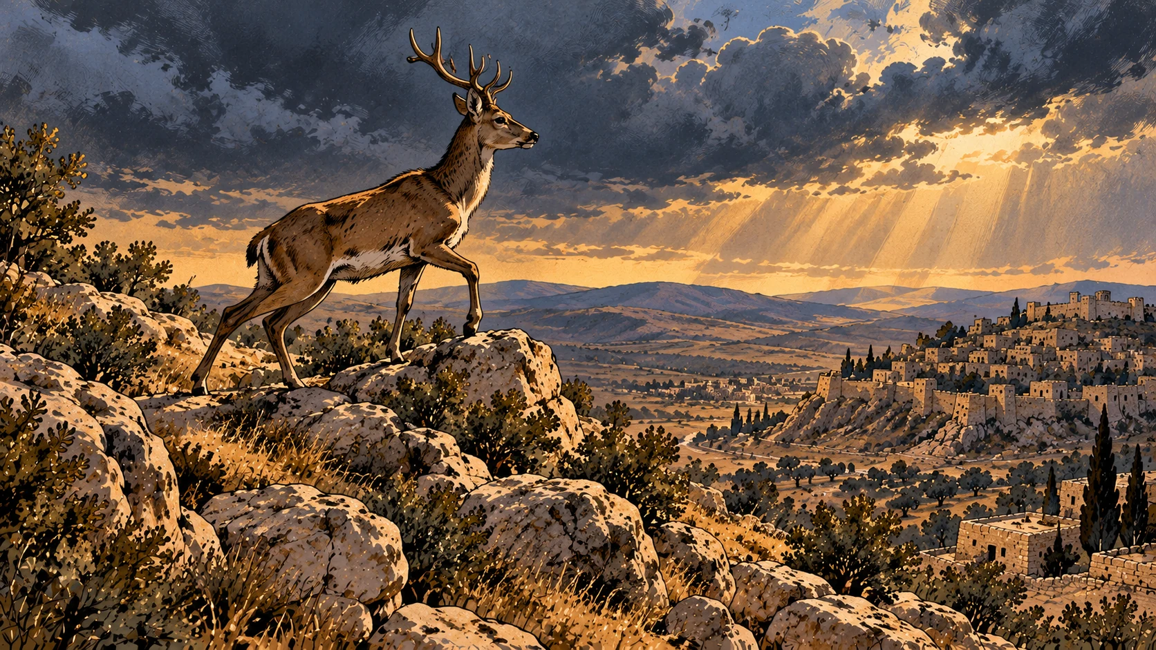 Deer on high rocky ridge.