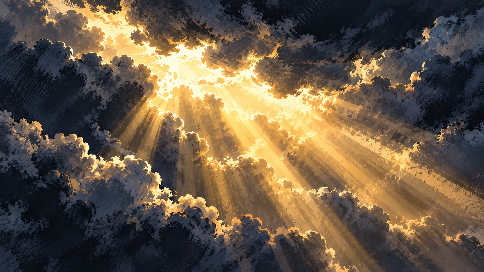 Golden rays through close cloud bank.