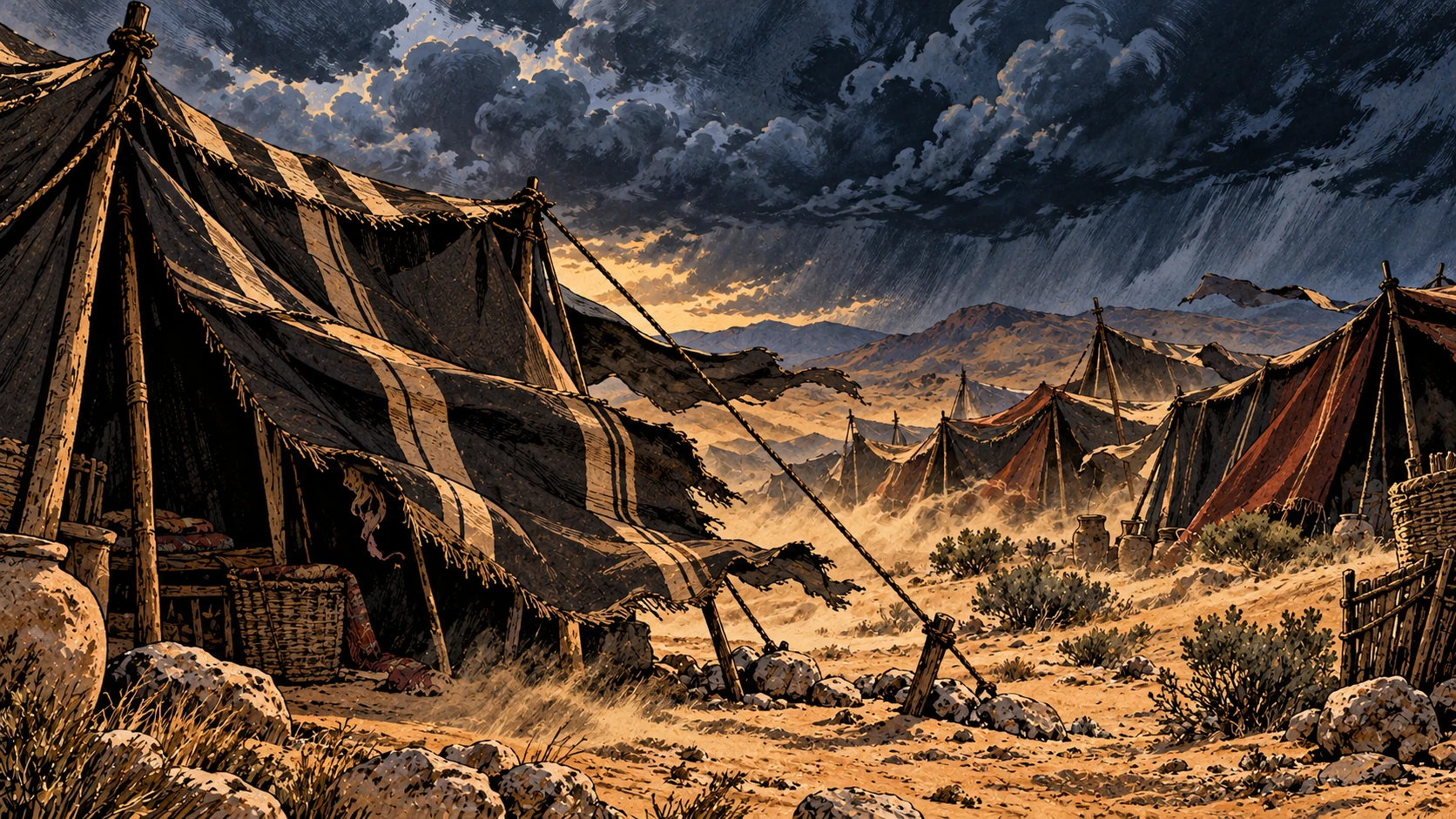 Wind-tossed tent curtains.