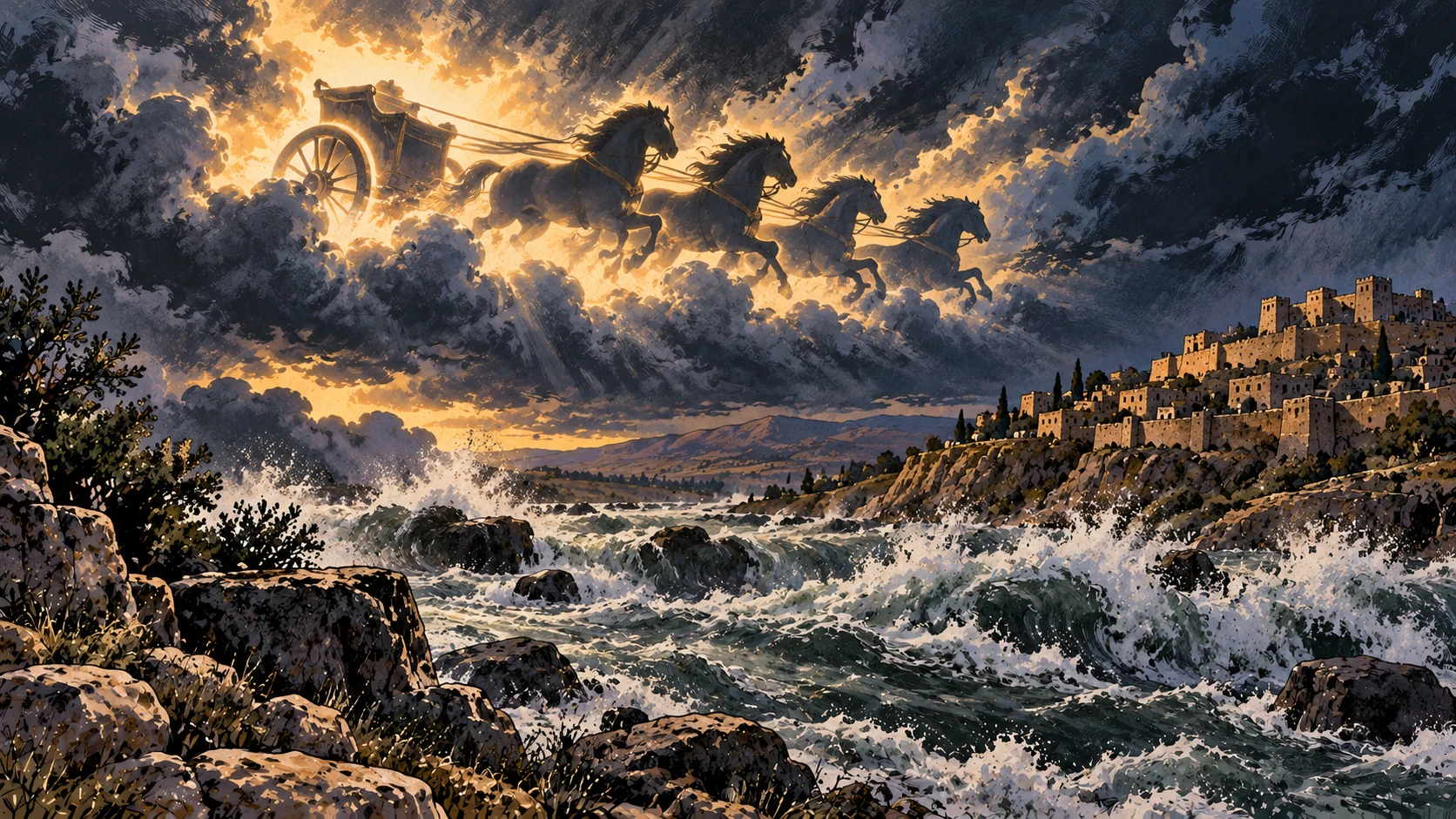 Empty chariot and horses in clouds over water.