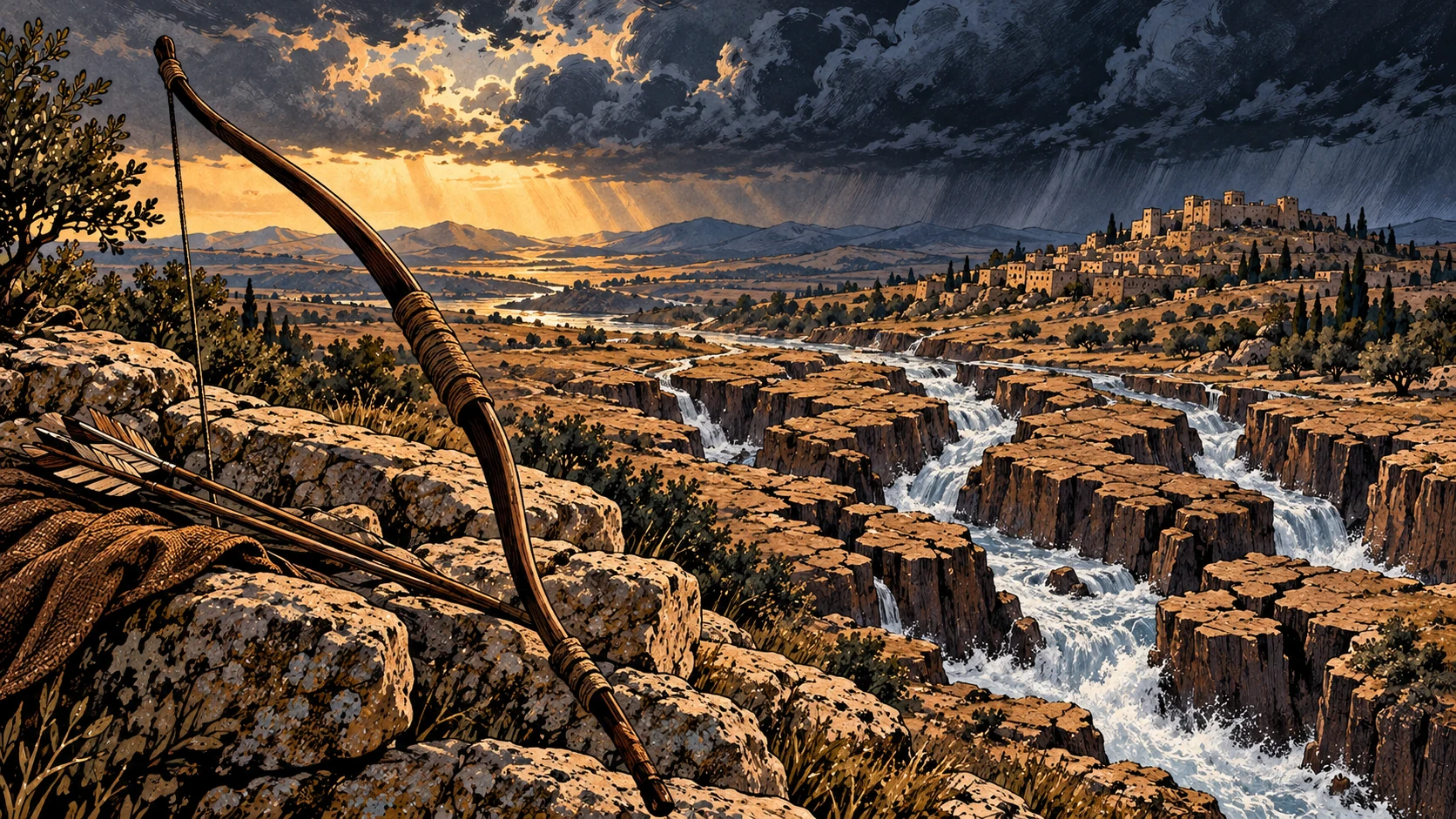 Unheld bow beside divided rivers.