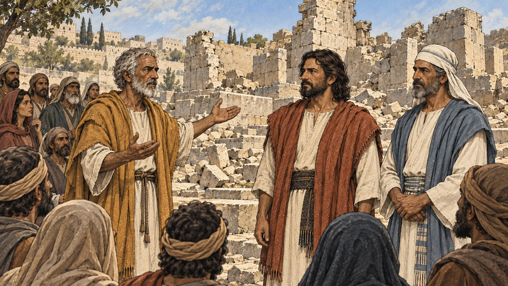 Haggai addresses Zerubbabel and Joshua among the remnant beside neglected temple ruins.