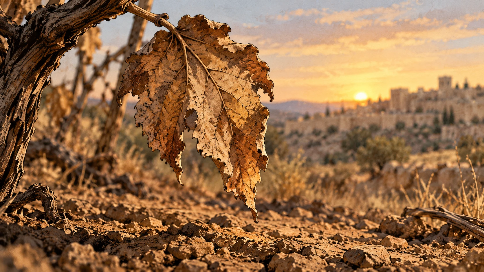 A dry vine leaf hangs over parched soil in warm dawn light.