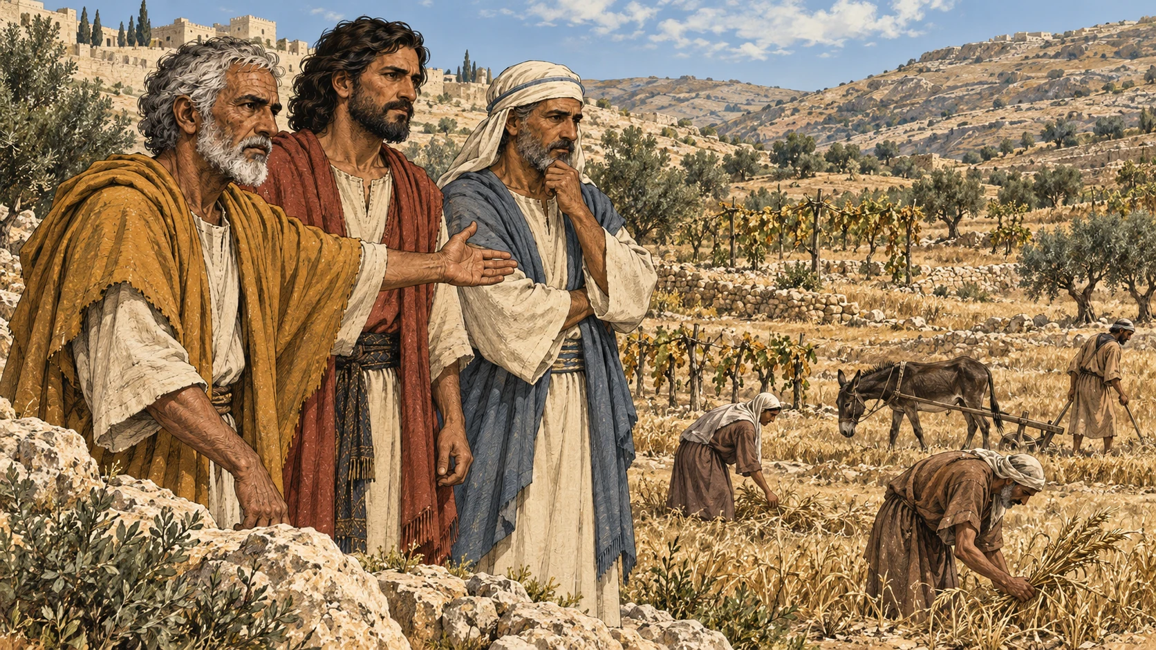 Haggai and the leaders stand above dry fields where farmers and a donkey labor.