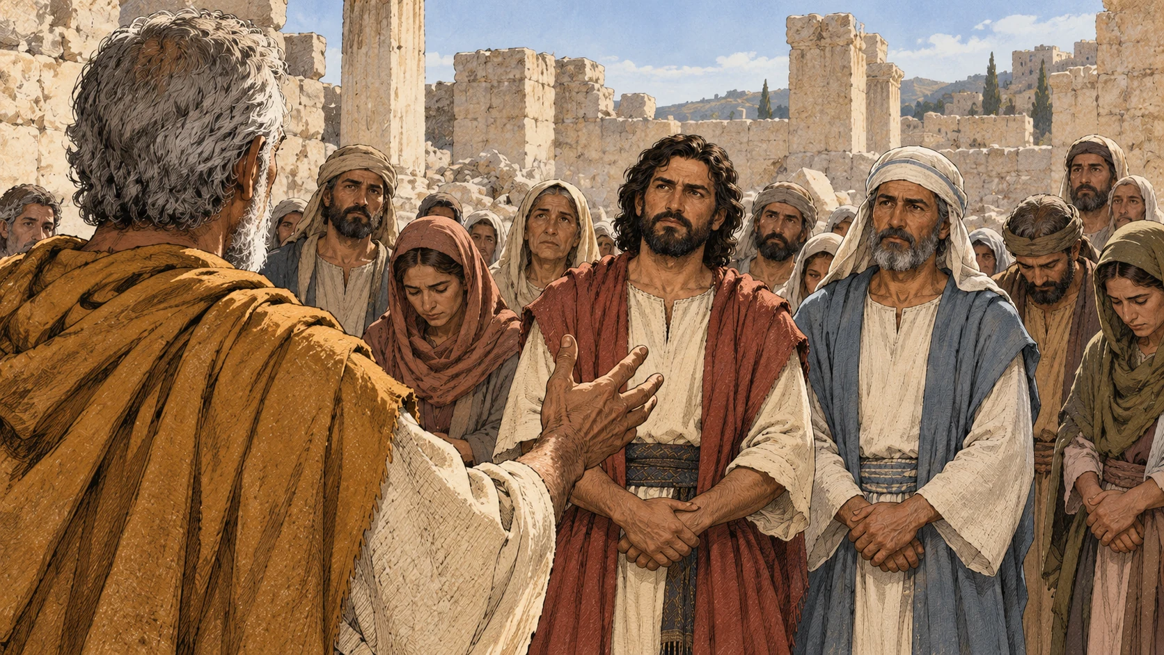 Zerubbabel, Joshua, and the remnant listen with humbled faces beyond Haggai’s shoulder.