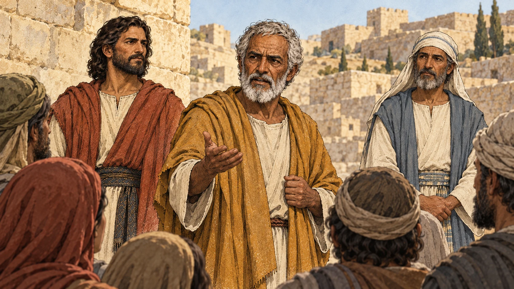 Haggai speaks calmly to the remnant, with Zerubbabel and Joshua beside him.