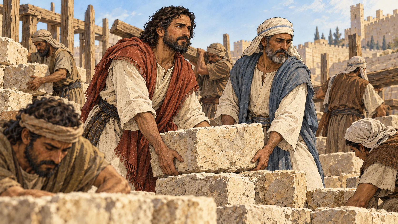 Zerubbabel and Joshua lift a rough stone while returning workers move timber and build.