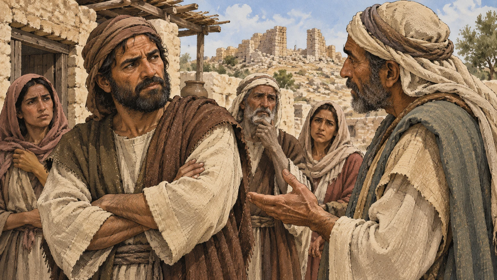 Returning adults discuss the delay with hesitant expressions beside houses and distant ruins.