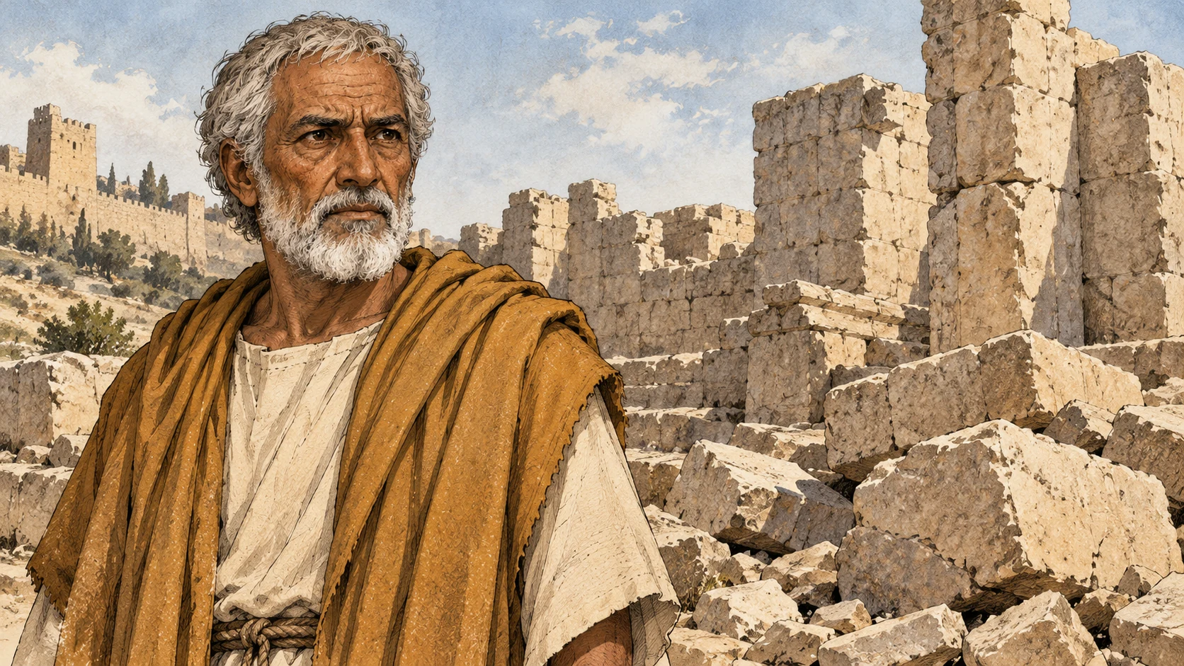 Haggai stands soberly beside neglected limestone ruins.