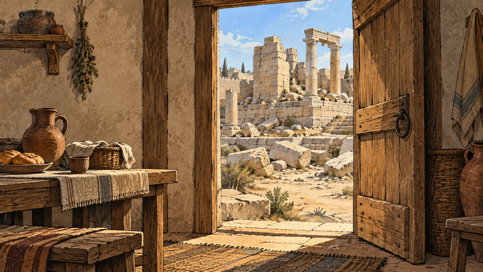 A modest timber doorway opens from a furnished home toward neglected temple ruins.