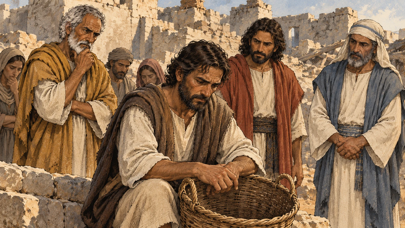 A returning worker rests his hands on an empty basket while the leaders and community reflect.