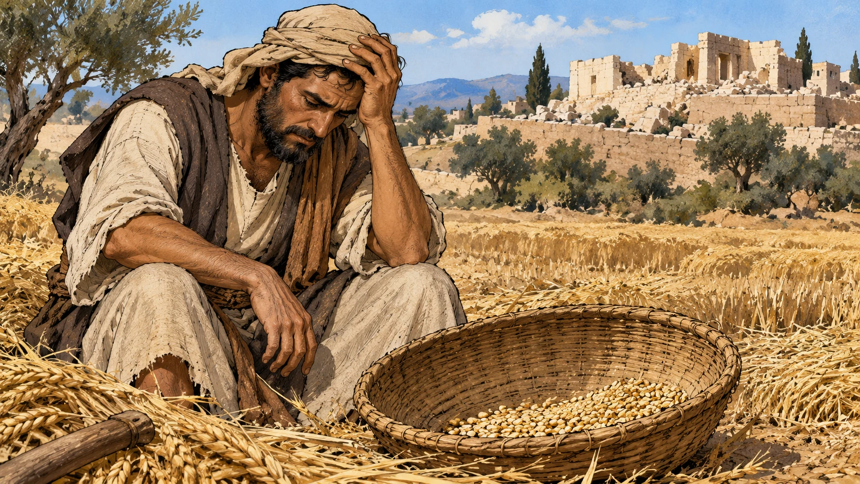 A weary worker sits beside a basket with little grain in a sparse harvested field.