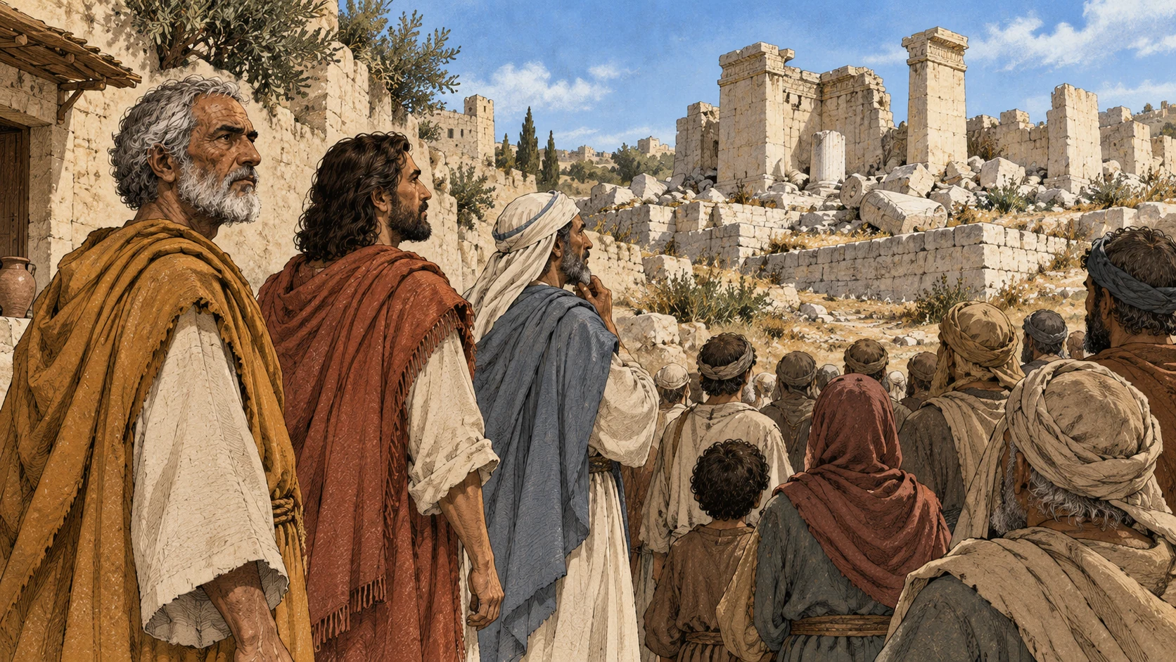 The leaders and returning community face the neglected temple ruins.