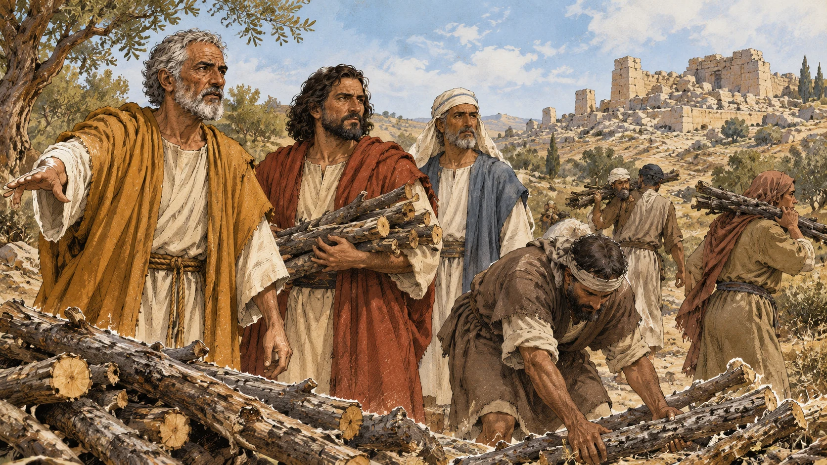 Workers gather wood while Haggai gestures and the leaders stand nearby.