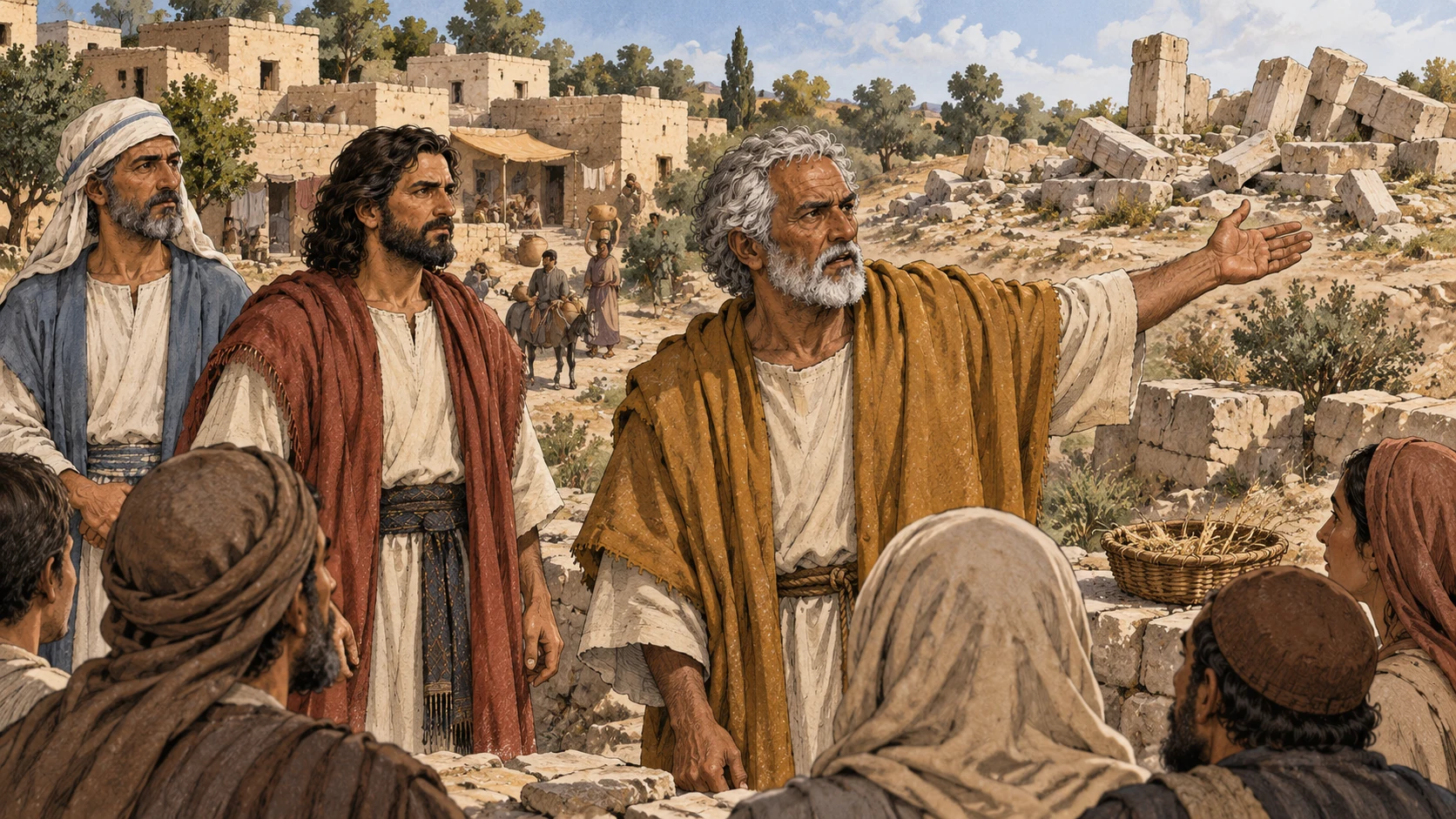 Haggai gestures toward neglected ruins, with private houses and a sparse basket visible.