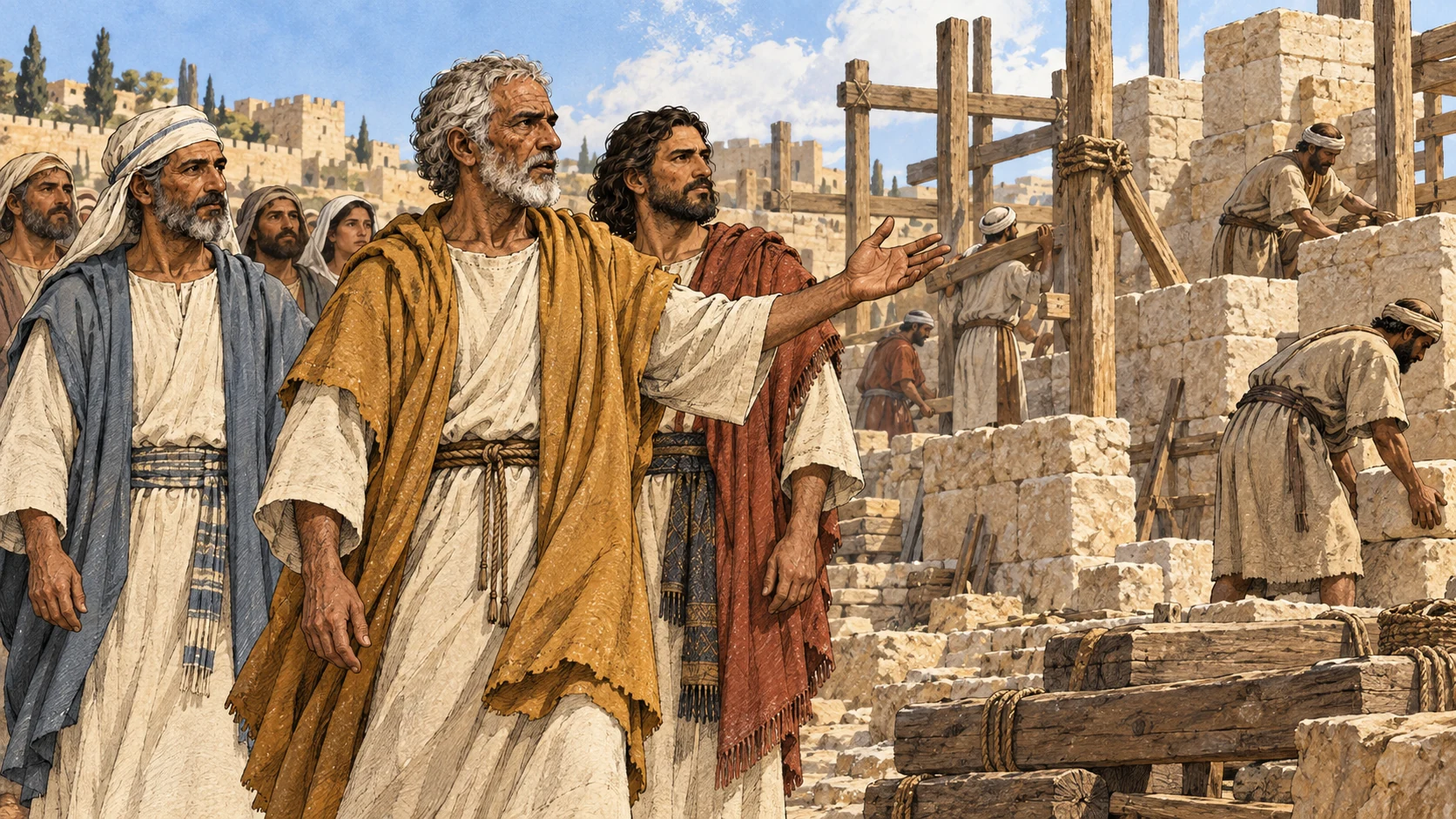 Haggai gestures beside leaders and workers at an unfinished temple site.