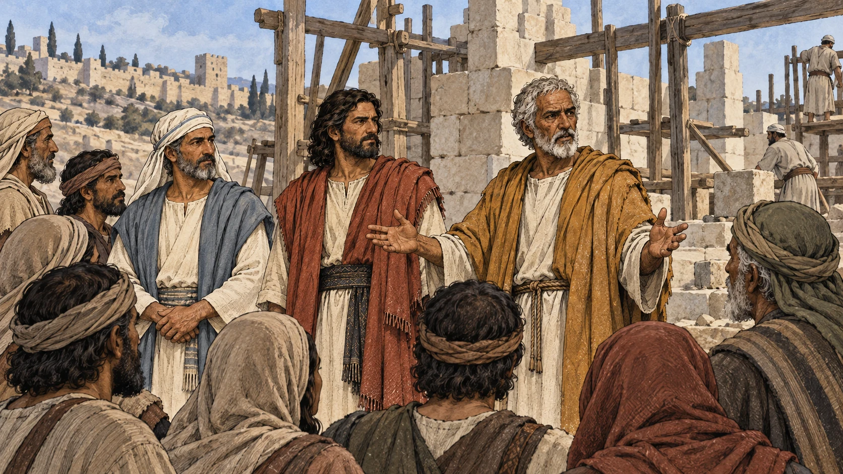 Haggai addresses the remnant at the unfinished house in cool light.