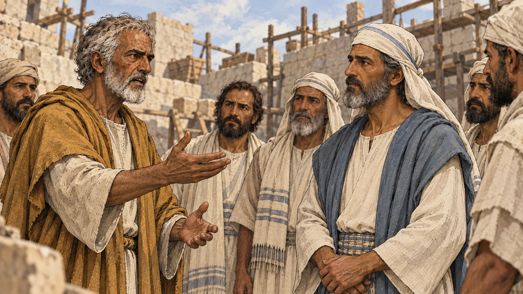 Haggai addresses Joshua and linen-clad priests in a simple courtyard.