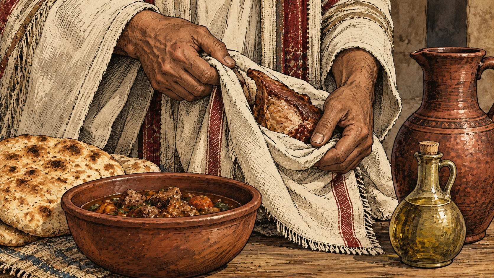 Anonymous hands carry meat in a garment fold beside ordinary food.