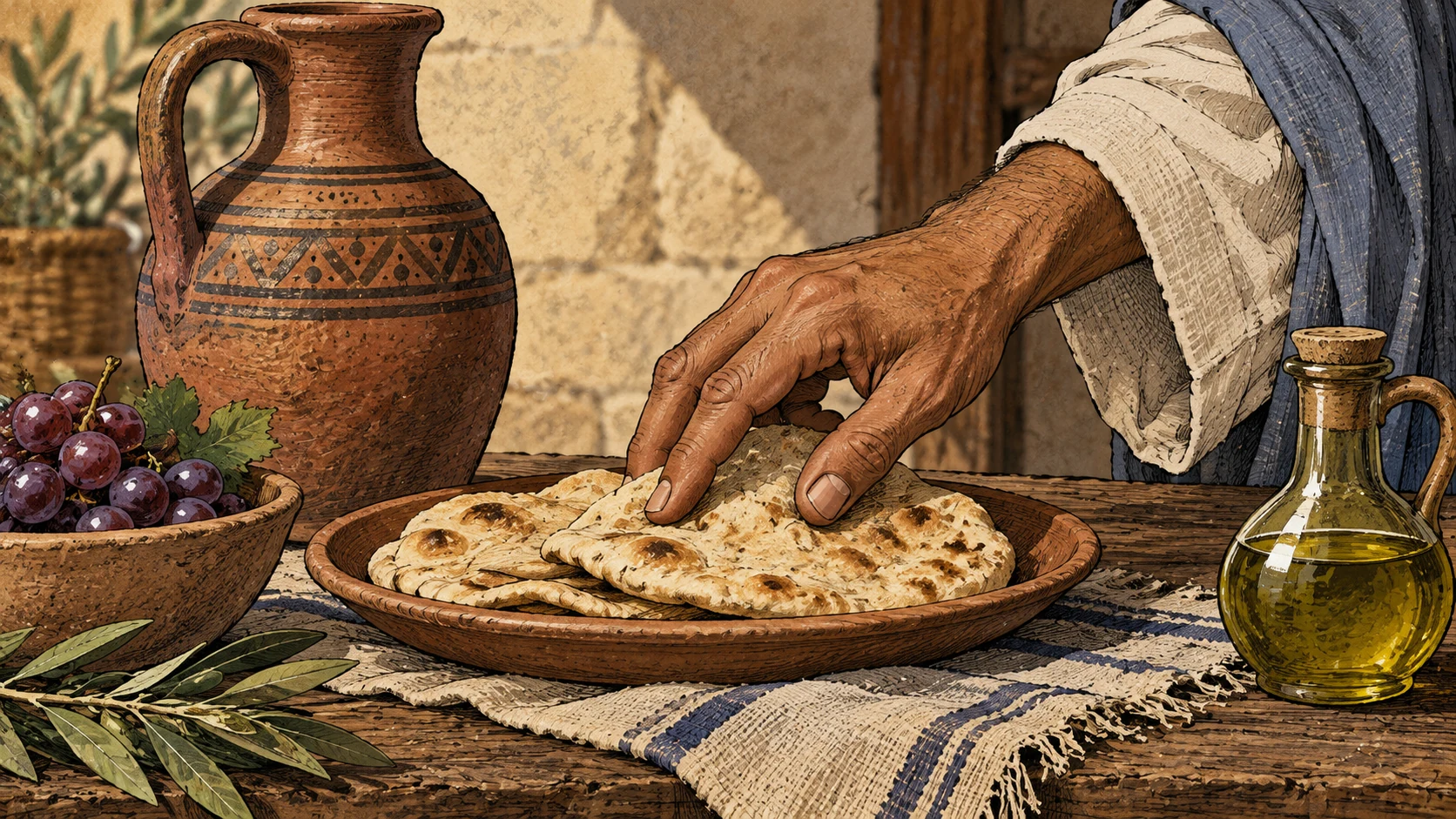 An anonymous hand touches bread on a clay dish beside wine and oil.