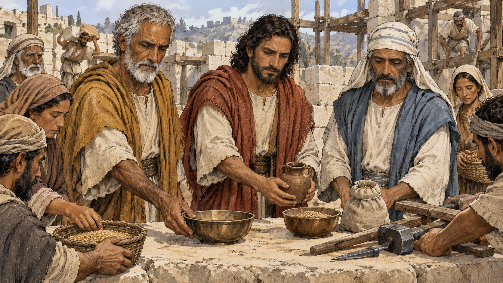 Offering vessels and work tools lie among the hands of the returning community.