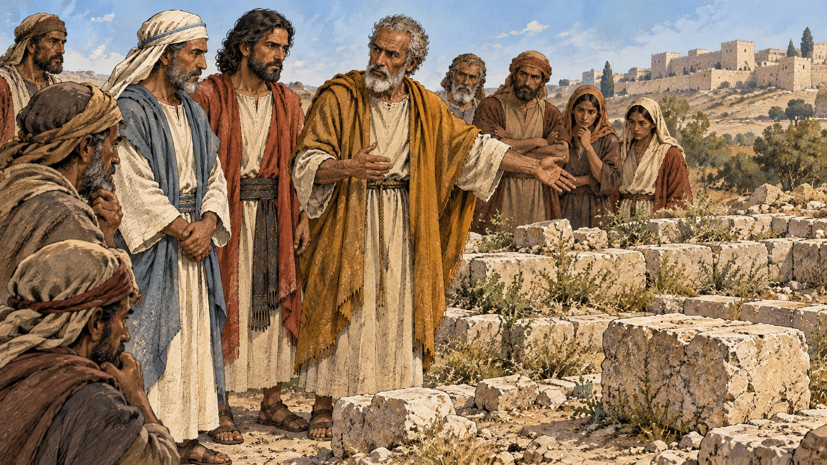 Haggai and the leaders stand beside untouched stones and an overgrown foundation.