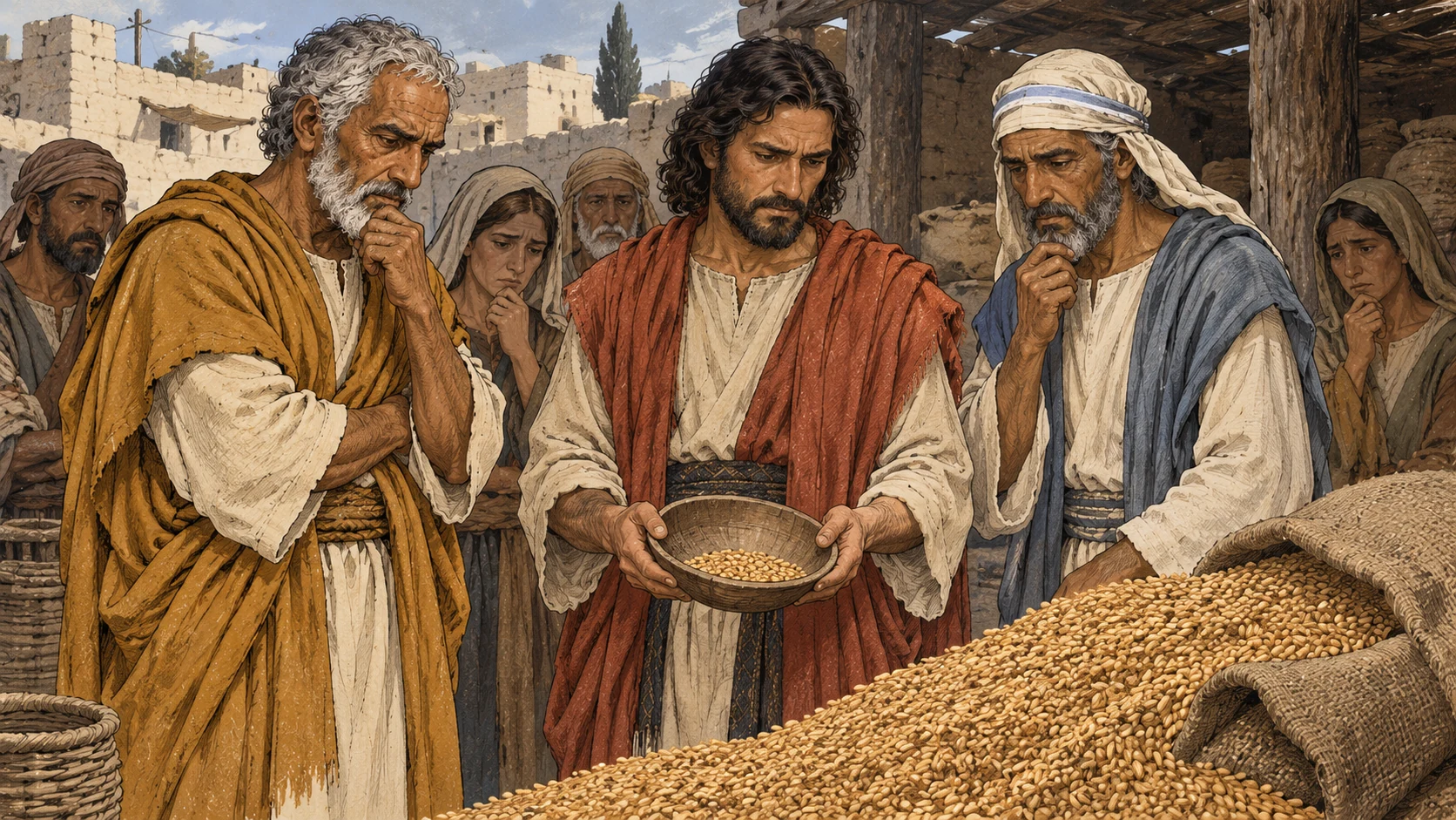 A small measuring bowl stands beside a grain heap and the concerned leaders.