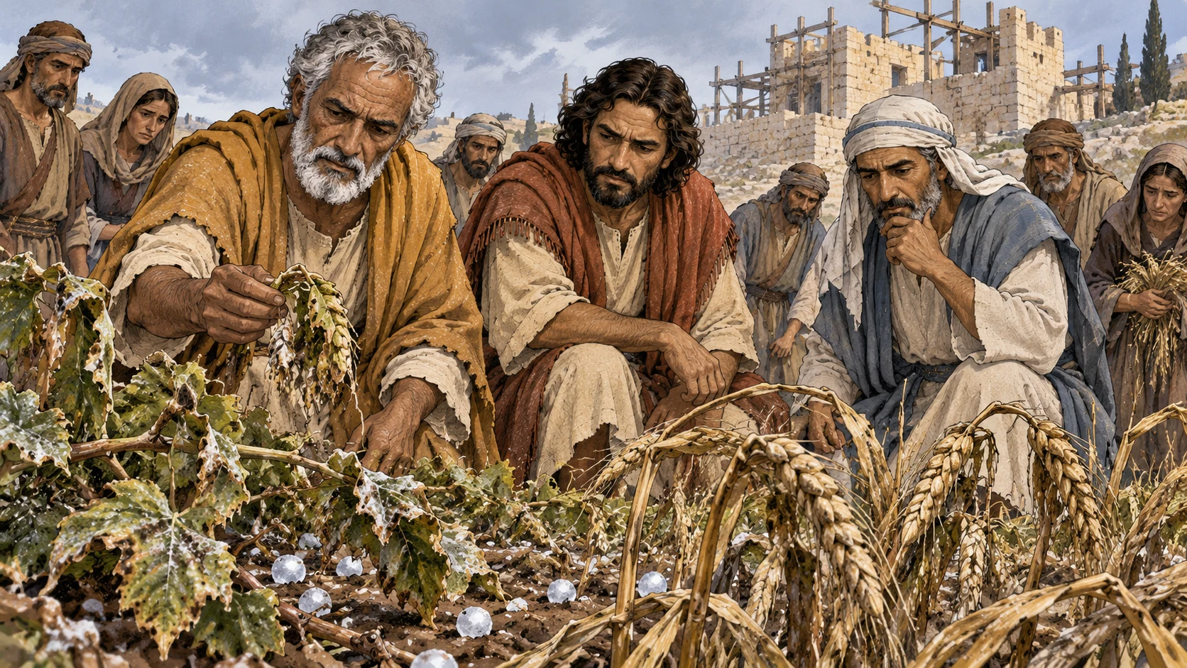 Blighted stalks, mildewed leaves and hail lie before the concerned community.