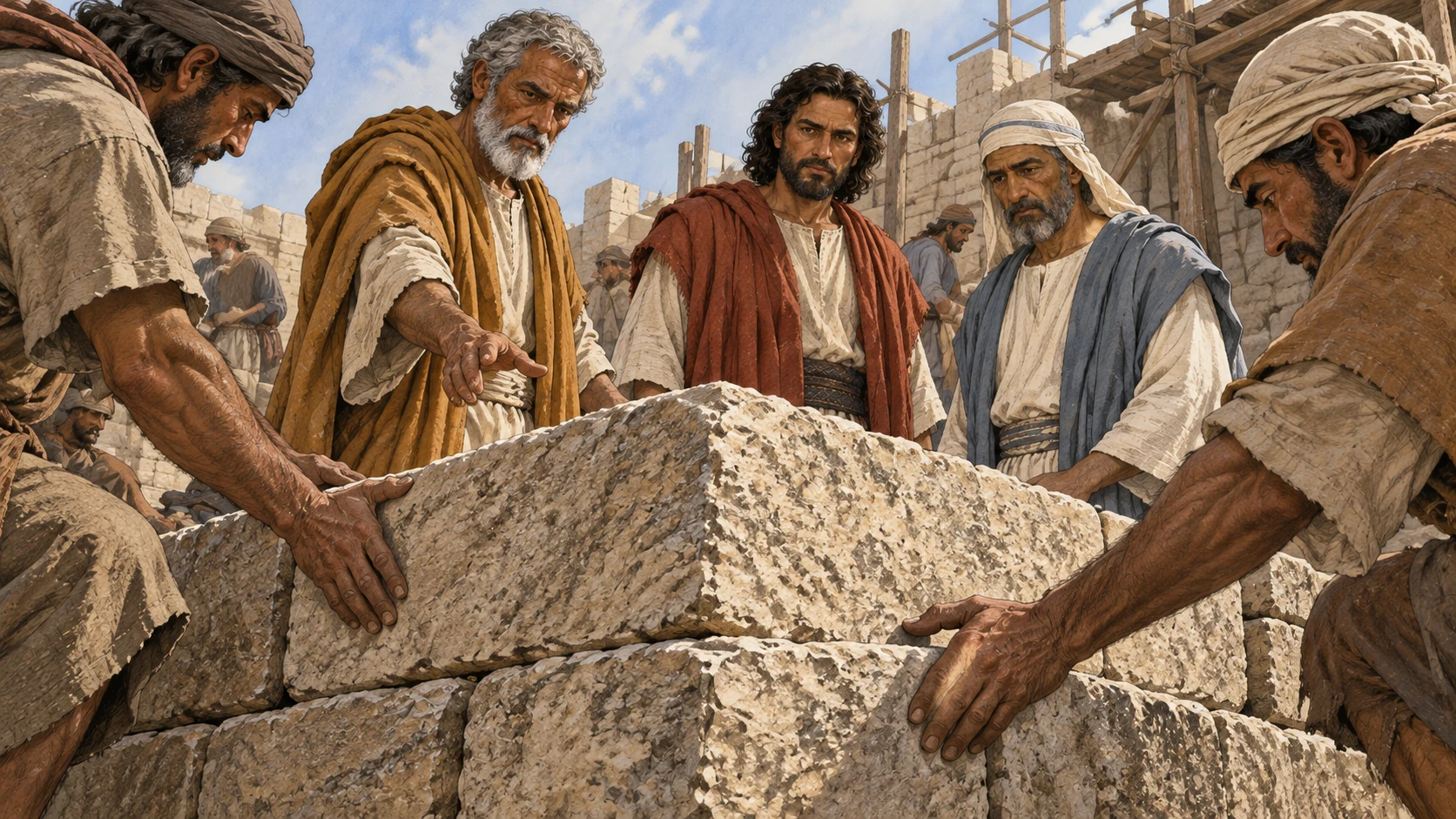Workers’ hands guide a rough stone onto foundation masonry before the leaders.