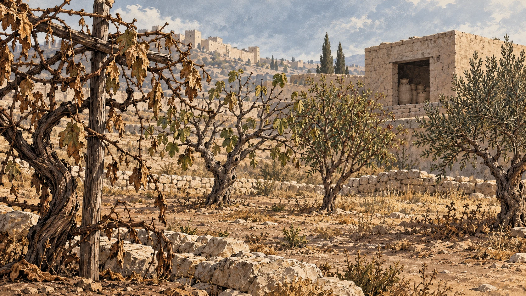 An unfruitful vine, fig, pomegranate and olive stand beside a storehouse.