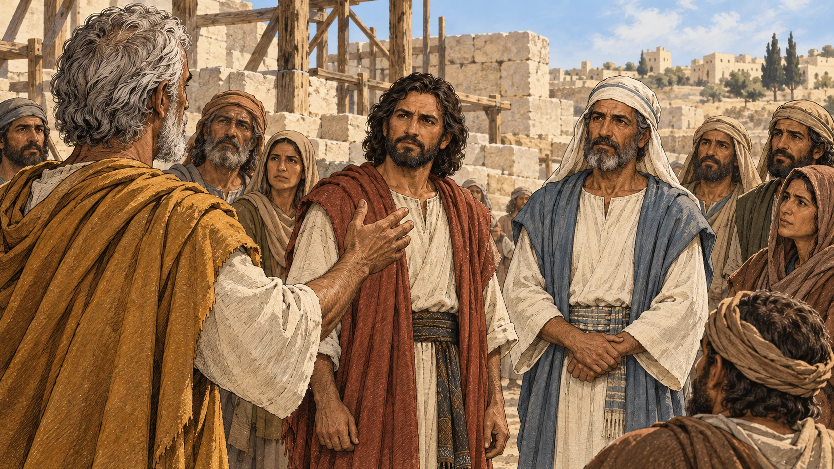 Seen behind Haggai, Zerubbabel, Joshua and community listen beside unfinished stonework.