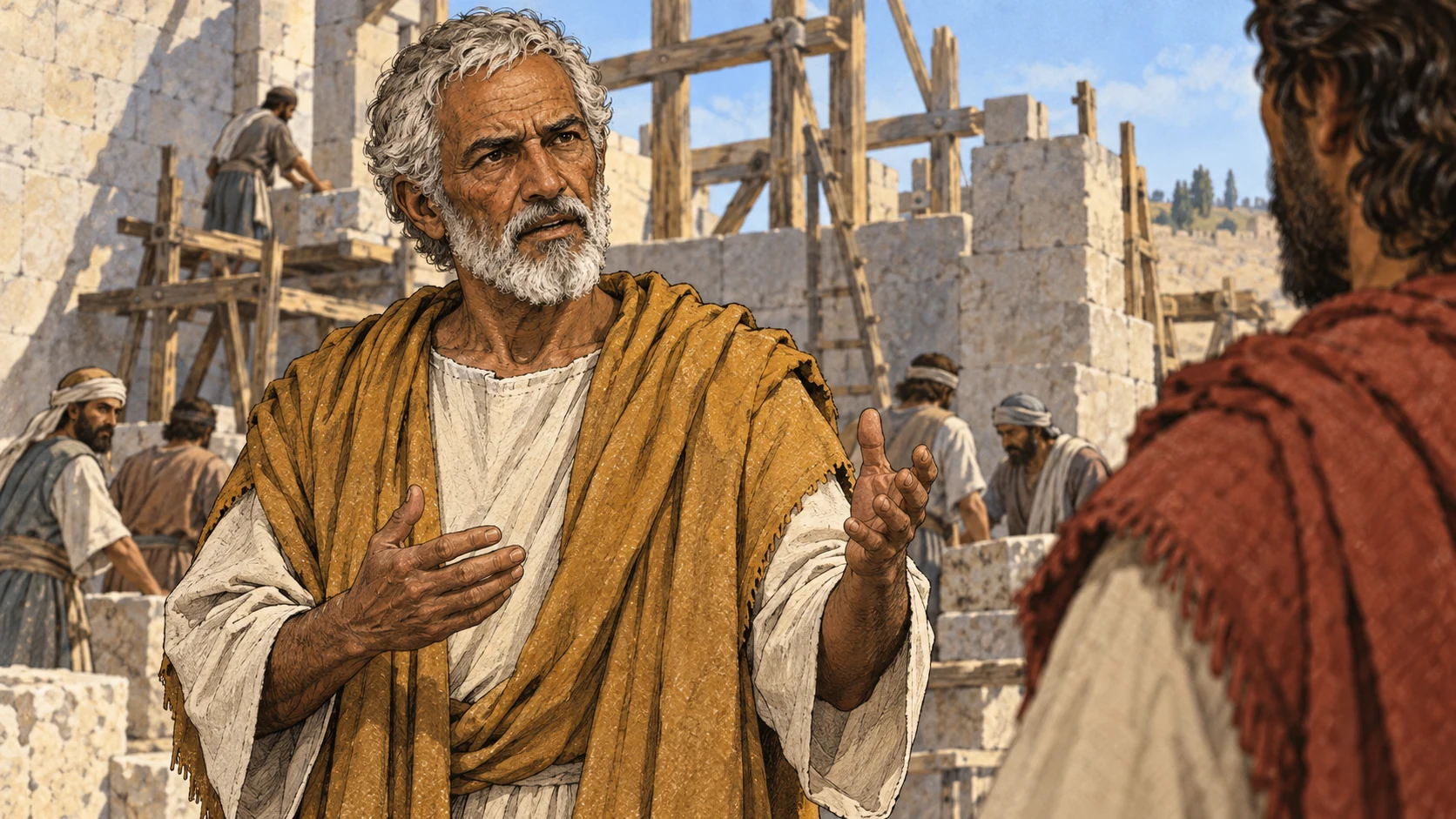 Haggai speaks in cool courtyard light, facing Zerubbabel at the edge.