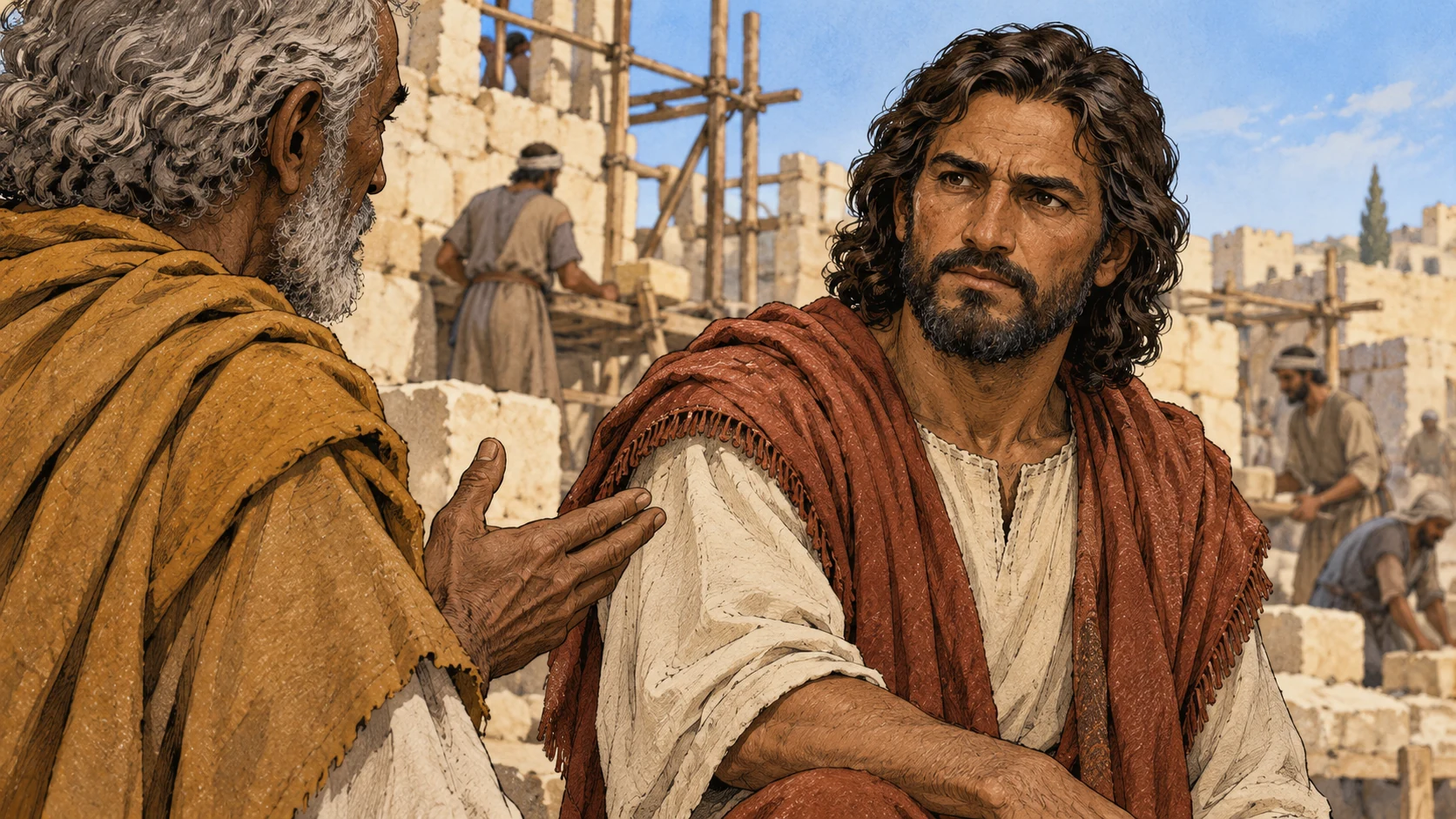 Zerubbabel listens gravely, with Haggai’s ocher shoulder in the foreground.
