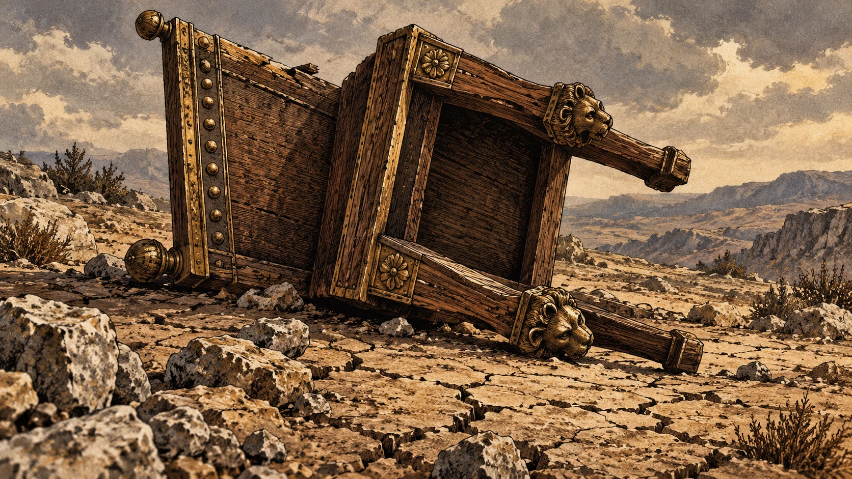 An overturned empty wooden throne lies on broken ground beneath storm clouds.