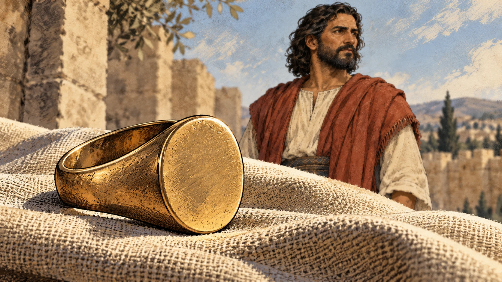 A blank gold signet ring rests on cloth with Zerubbabel softly visible beyond.