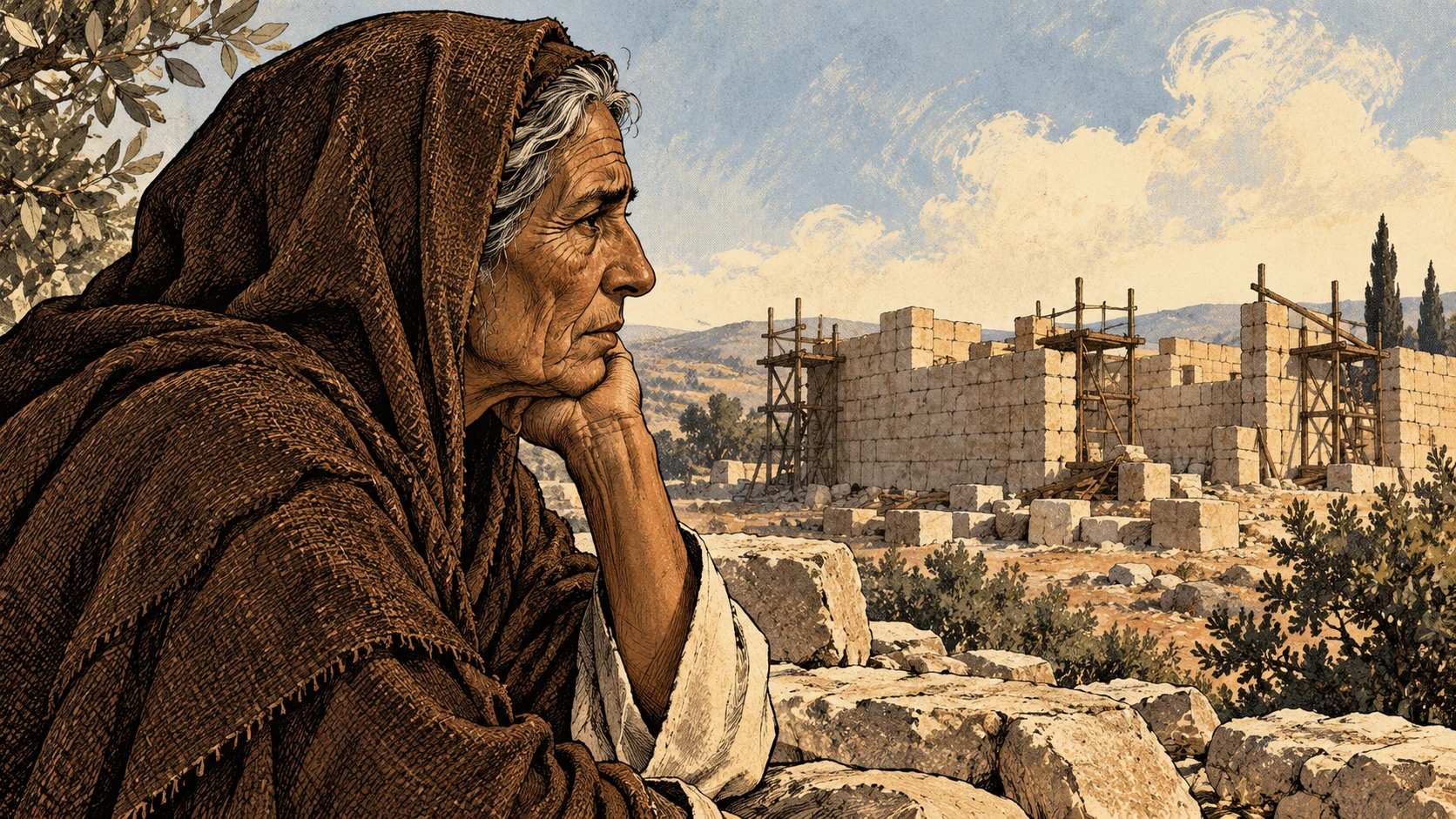 An anonymous elderly woman looks toward unfinished temple masonry.