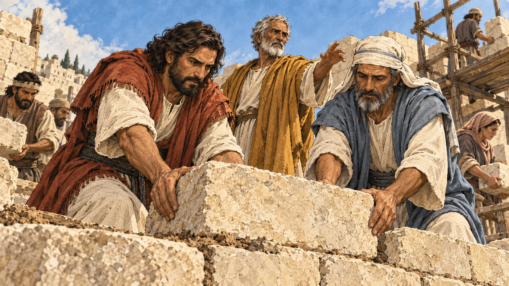 Zerubbabel and Joshua set a rough stone while Haggai addresses the workers.