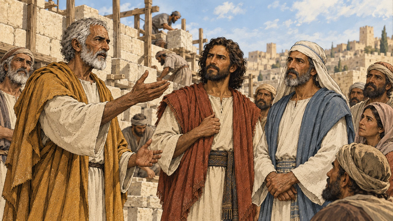 Haggai addresses steady-faced leaders and returning adults under open sky.