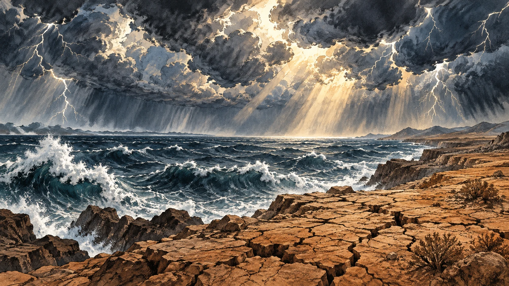 A storm sky spans waves and cracked dry land.