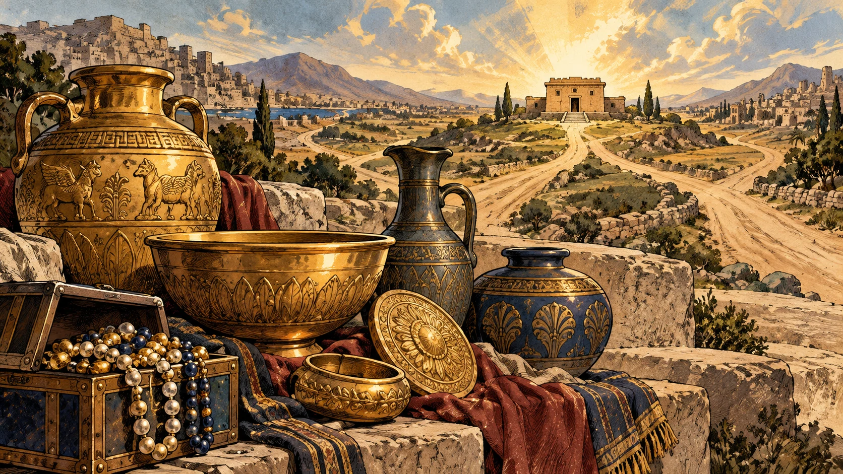 Treasure vessels sit before roads converging toward a distant house.
