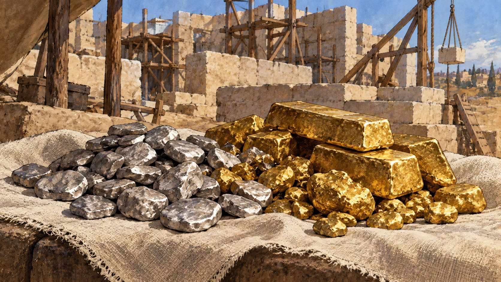 Unmarked silver pieces and gold ingots rest on coarse cloth before unfinished stonework.