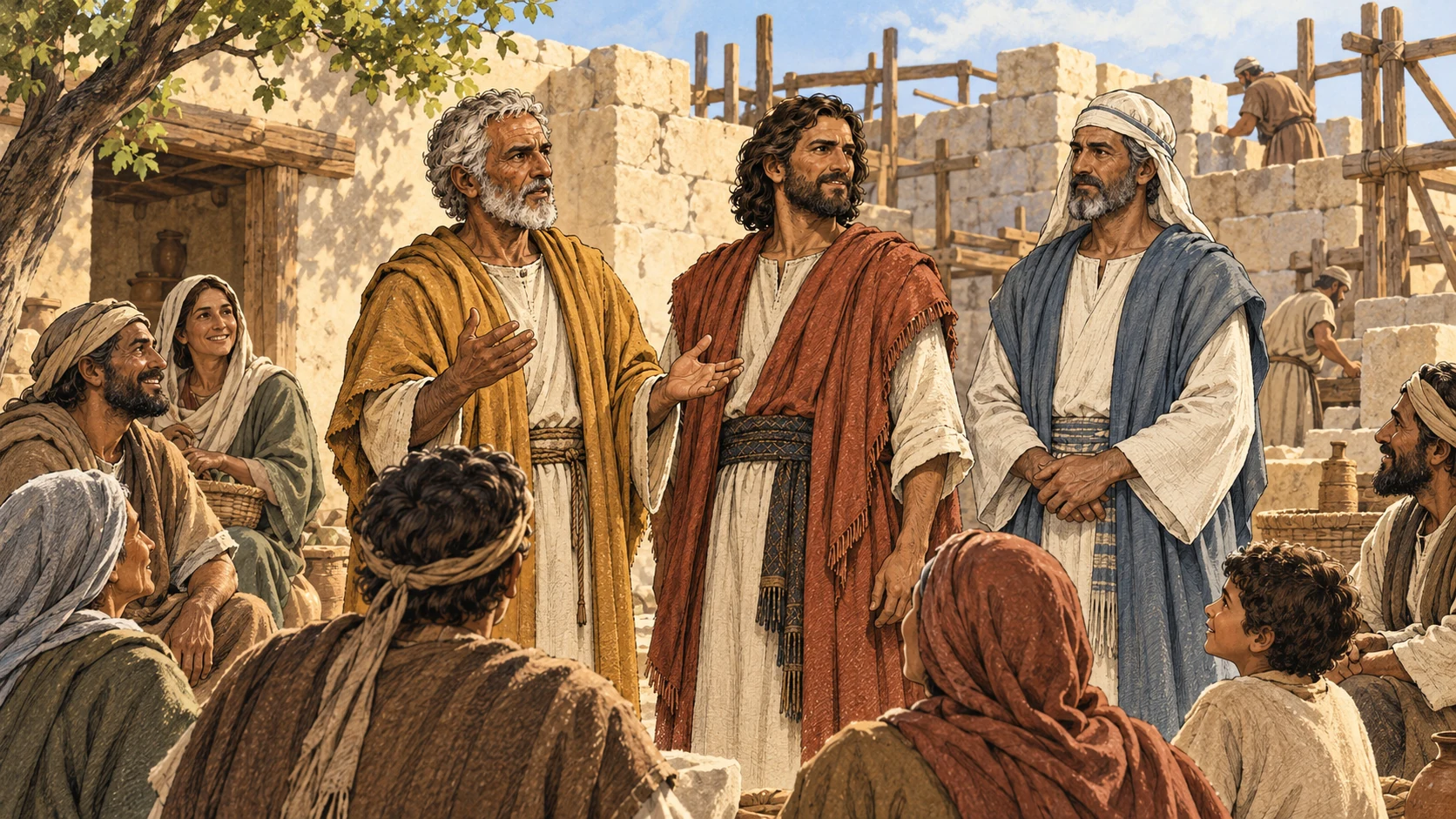 The leaders and returning adults stand peacefully in an unfinished courtyard.