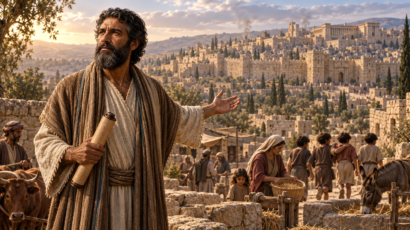 Isaiah proclaims a grave vision over Jerusalem while an ox and donkey stand near their keepers.