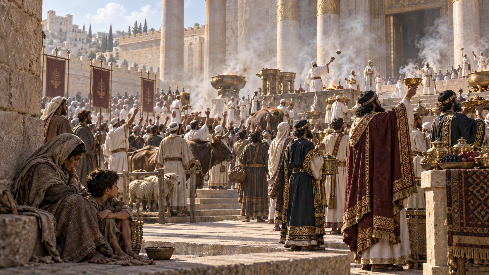 A crowded temple court ignores a poor widow and child at its edge.