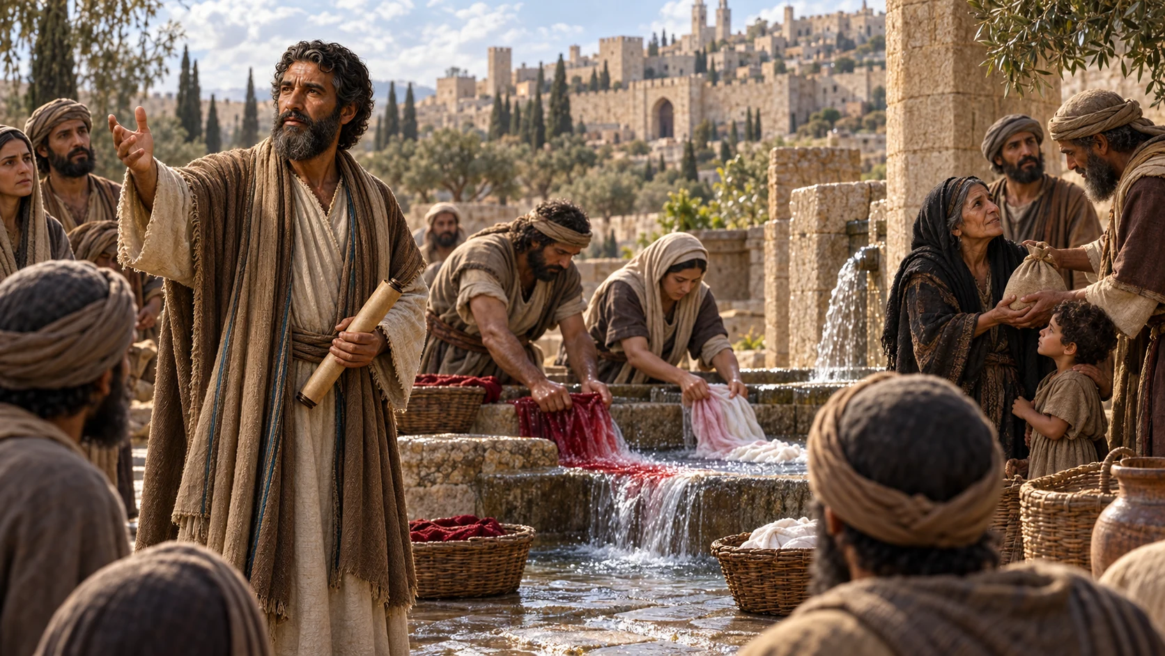 Isaiah teaches beside flowing water as people wash scarlet cloth and care for a widow and child.