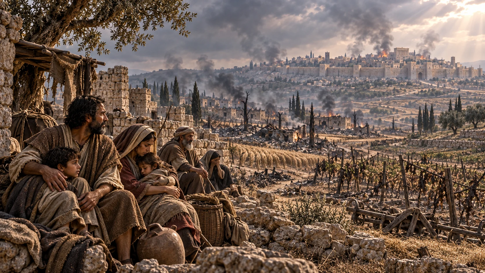 Surviving families shelter beside devastated fields and burned settlements outside Jerusalem.