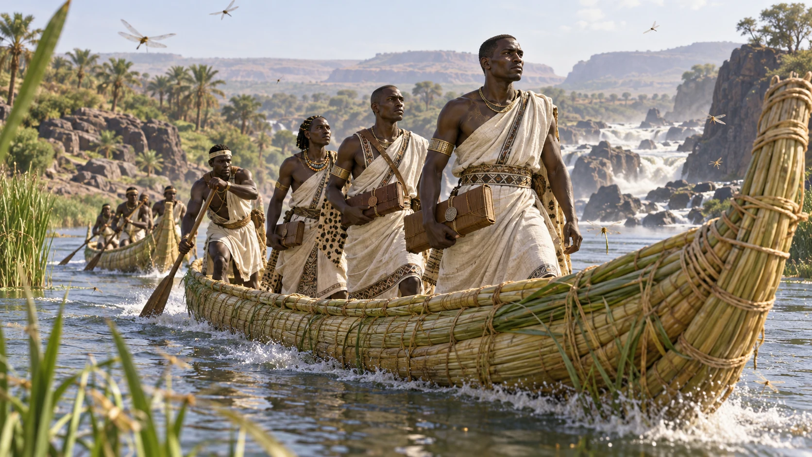 Dignified Kushite diplomats travel swiftly in papyrus boats through the cataract country.