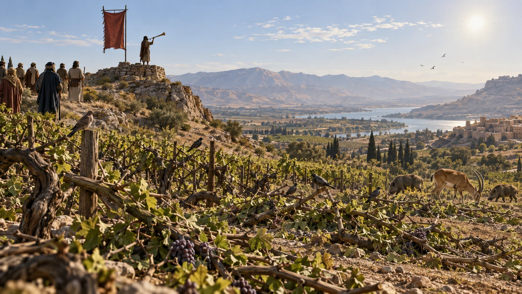 A mountain banner and trumpet overlook a vineyard cut back before harvest, where birds and animals gather.