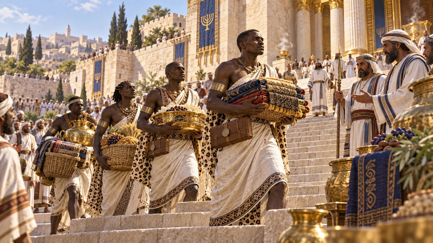 The same Kushite delegation ascends Mount Zion with textiles, incense, vessels, and produce.