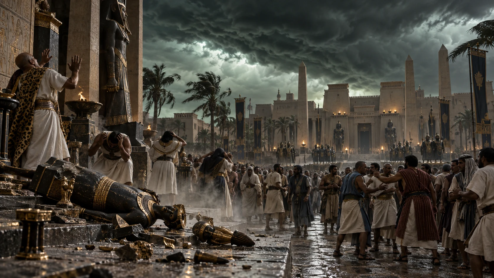 A low storm cloud, fallen idols, divided citizens, and a guarded palace portray Egypt’s judgment.
